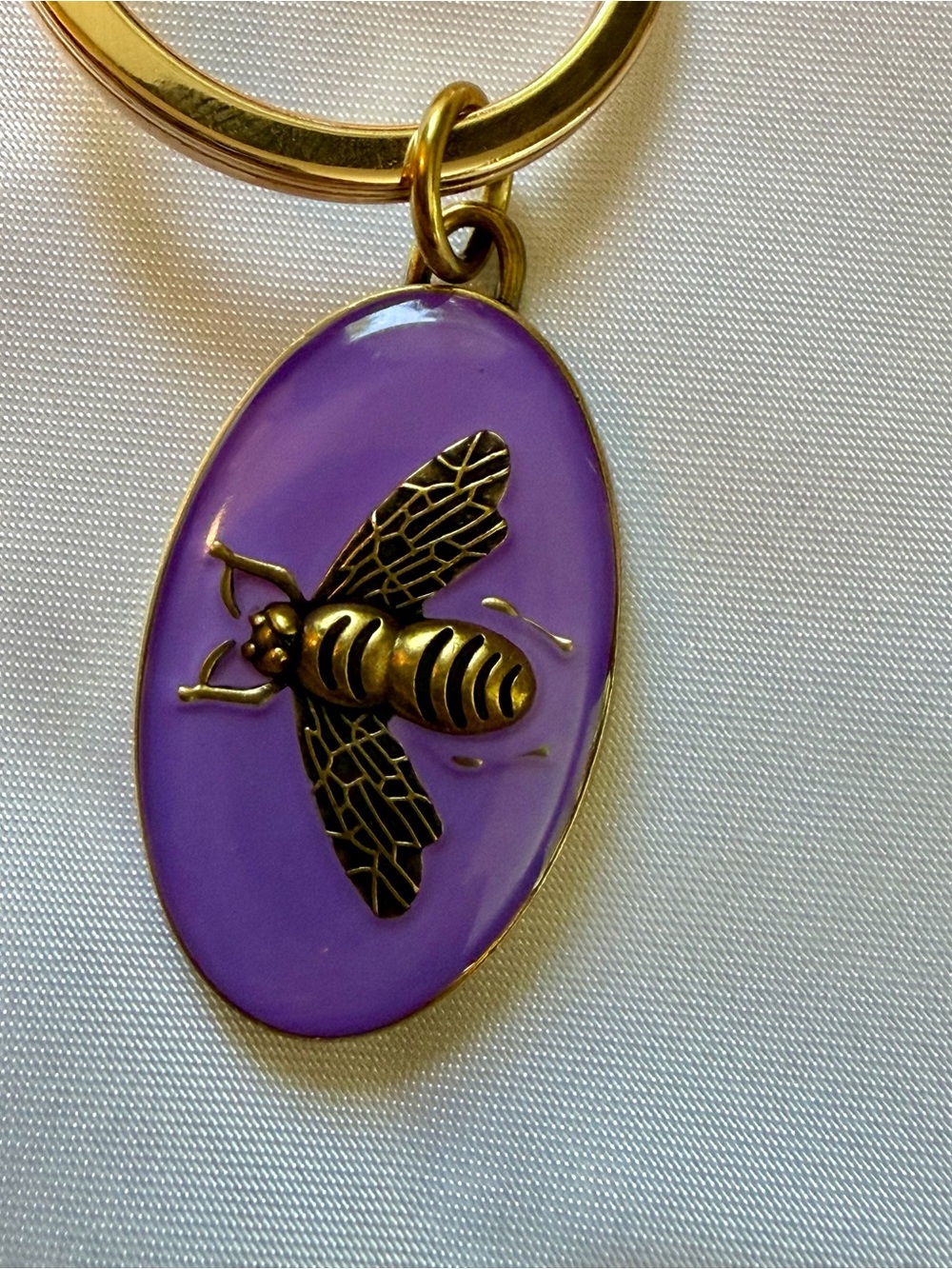 Luxury Gold Lavender Enamel Oval Bee Logo Charm Keyring - Picture 5 of 6